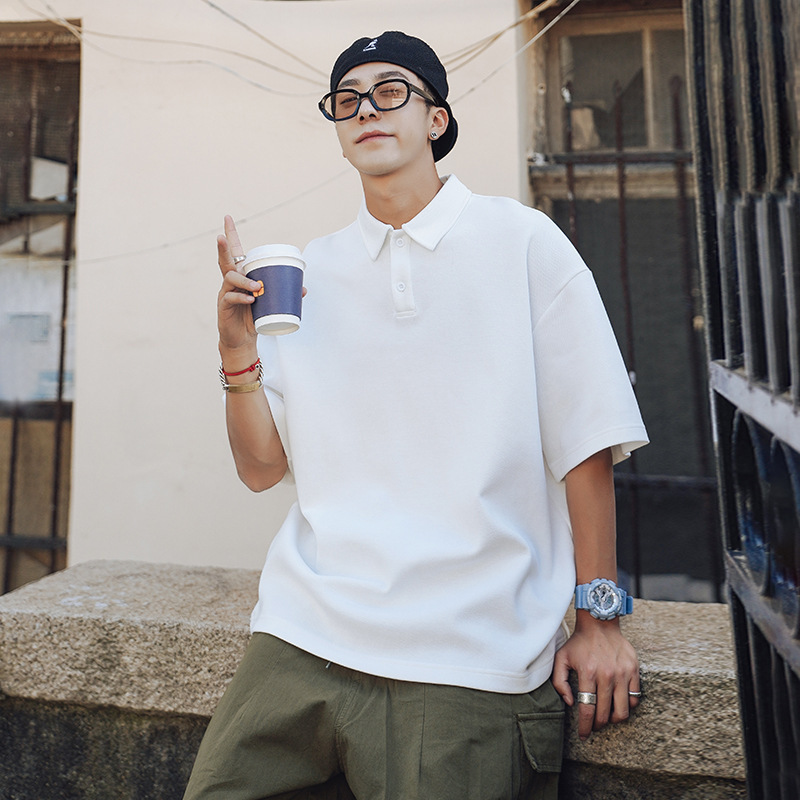 Polo Shirt Men's Summer Hong Kong Style Loose Solid Color Lapel Short-sleeved T-shirt Simple All-match Teenager Trendy Half-sleeved Top Polo Shirt Men's Summer Hong Kong Style Loose Solid Color Lapel Short-sleeved T-shirt Simple All-match Teenager Trendy Half-sleeved Top