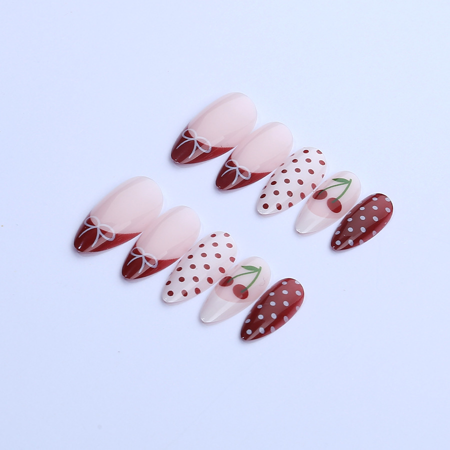 press-on nails Nail Supplies 24pcs French Almond Shape Nail Stickers Valentine's Day Design Red Cherry Blossom Wearable Fake Nails Art Decoration