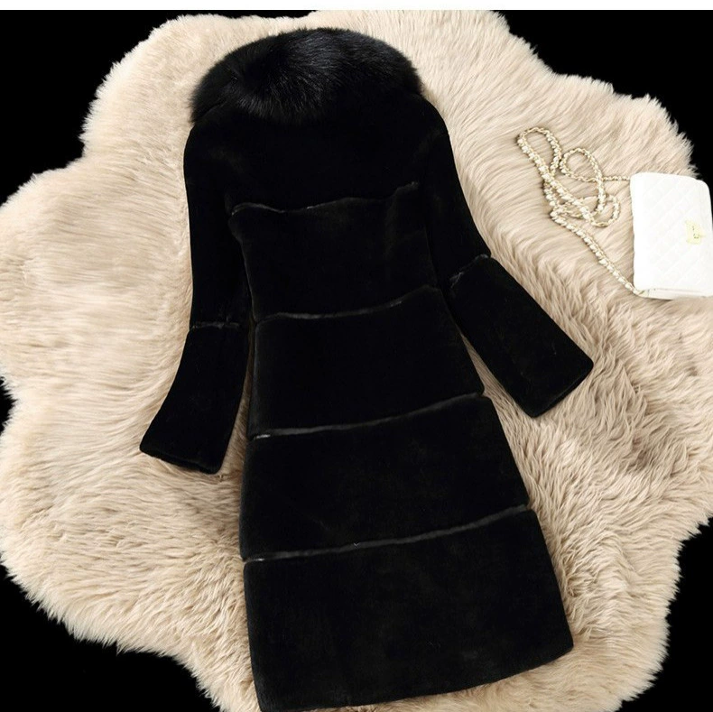 Sheep scissor 2024 autumn and winter new product stitching fur integrated medium -length imitation fox hair collar coat fur jacket