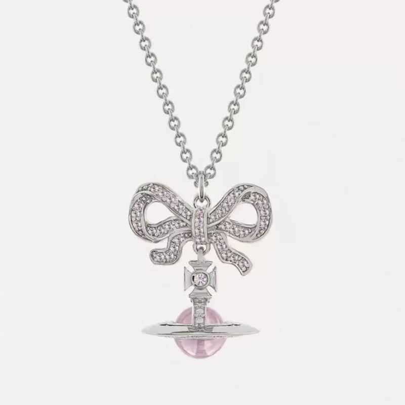[Cabinet-Level Quality] Empress Dowager Bow Necklace Pink Blue Orb Planet Three-Dimensional Pendant Clavicle Chain