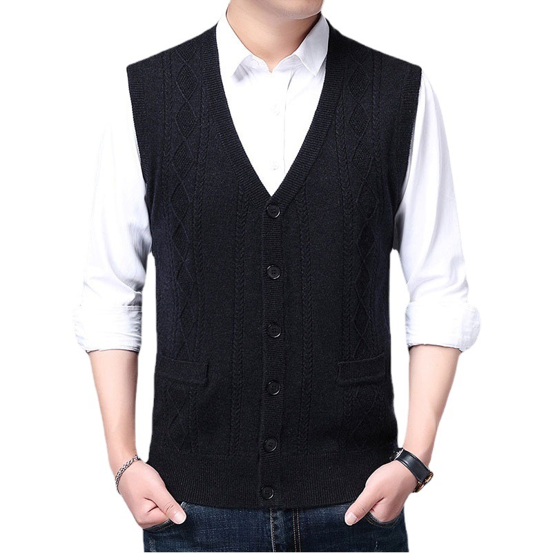De mediana edad y ancianos papá de punto cardigan hombres con cuello en V diamante jacquard chaleco casual de negocios chaleco de entrega de una sola pieza