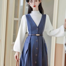 复古法式半高领毛衣配背带裙子秋冬加厚两件套装配大衣打底连衣裙