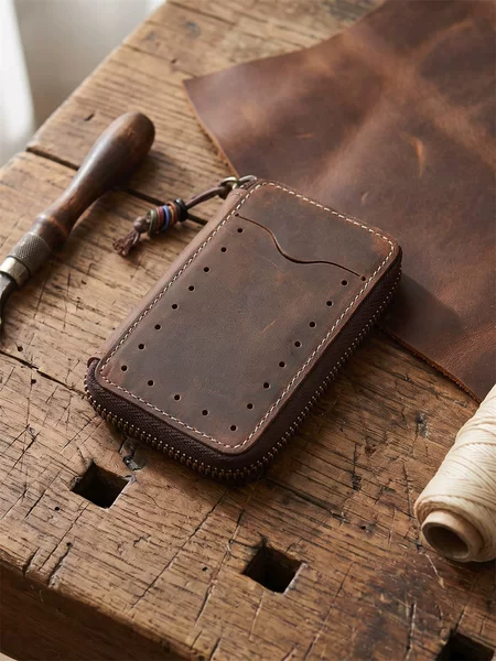 Men's Retro Crazy Horse Top Layer Cowhide Key Bag Genuine Leather Multifunctional Zipper Key Bag Handmade Personalized Card Bag