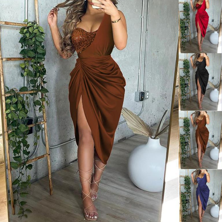 2025 Amazon New One-Shoulder Sequin Dress Color-Blocked Sexy Sequin Slit Evening Dress Summer Suspender Dress