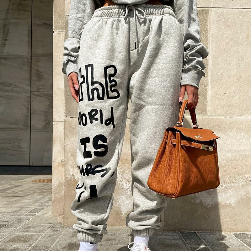 Letter Print Drawstring Ankle-Tied Pants NSMX84019