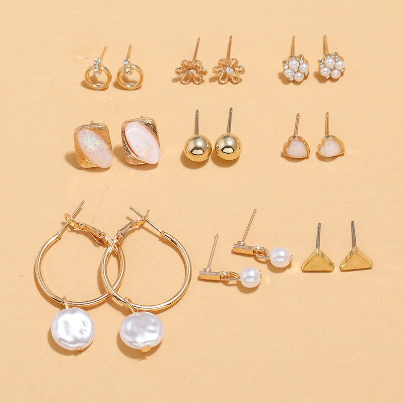 Retro simple pearl geometric 9piece earringspicture2
