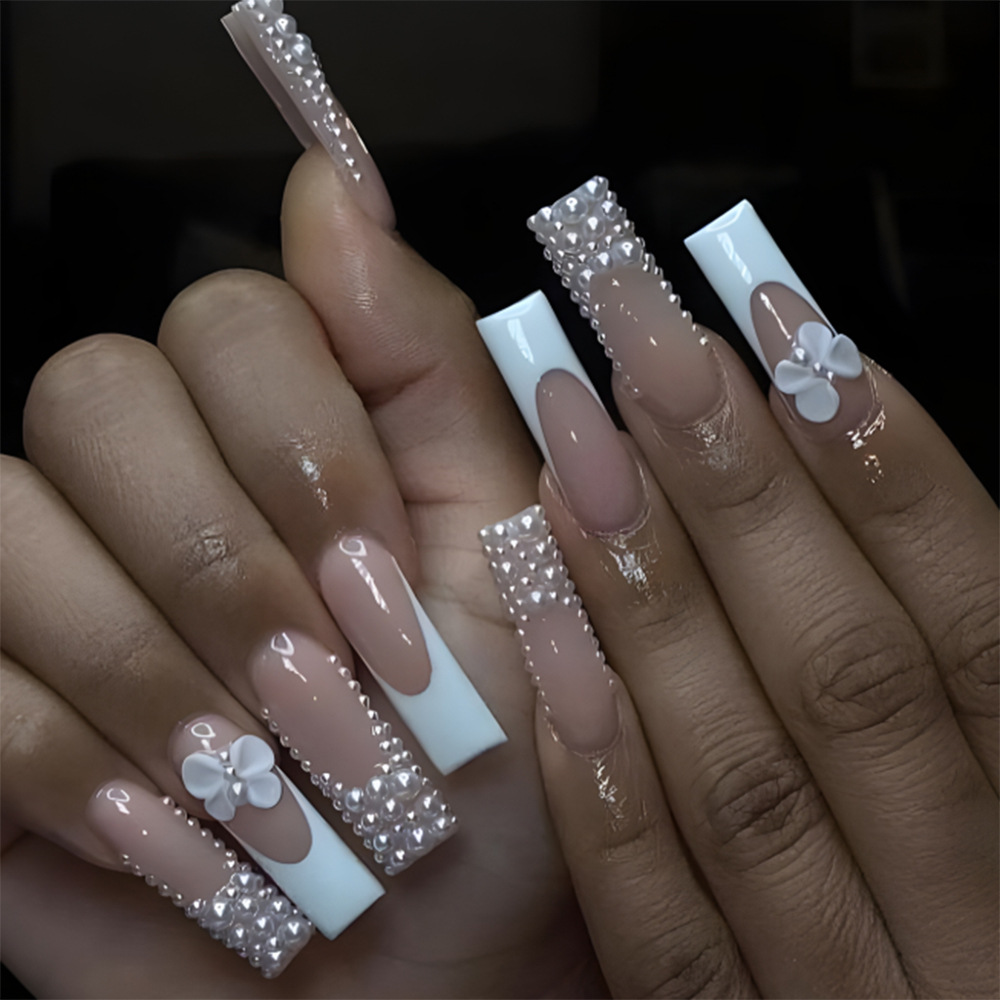 Uñas postizas transfronterizas, uñas usables, semicírculo, perla, lazo largo, manicura, uñas al por mayor, uñas a presión