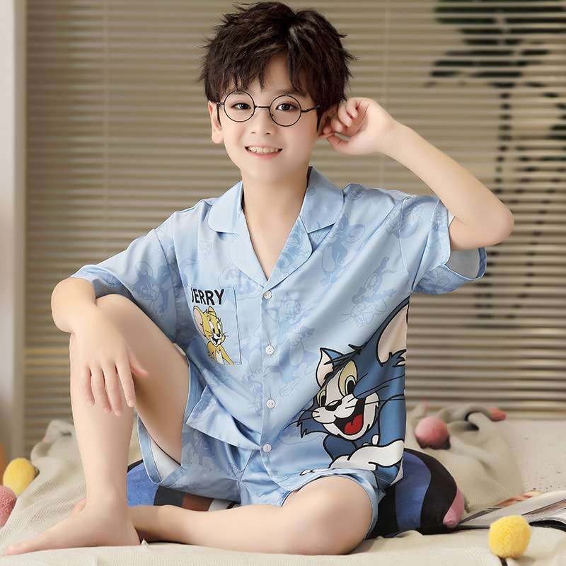 Ice Silk Boy's Pajamas Summer Thin Short-sleeved Cardigan for Boys and Babies Summer Children and Adolescents Silk Home Clothes