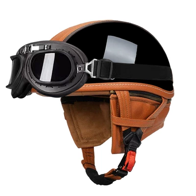 Retro Half Helmet Men's and Women's, Motosiklet kaskı (dəbilqə) - bright-black-orange-peel-black-frame-mirror-s