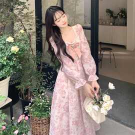 外贸跨境东南亚甜美碎花长袖连衣裙女秋季高级感气质温柔风仙女裙