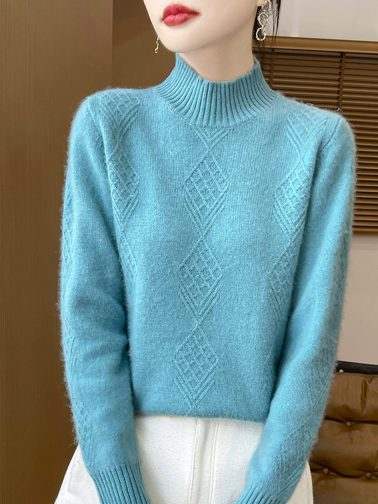 25 new autumn and winter women's half turtleneck cashmere pullover, temperament, simple commuting, 100% wool knitted bottoming and thickening