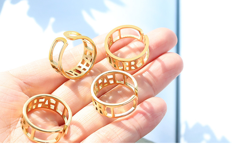 2021 New Open Non-adjustable Letter Hollow Ring Titanium Steel Plated 18k Real Gold Tail Ring display picture 15