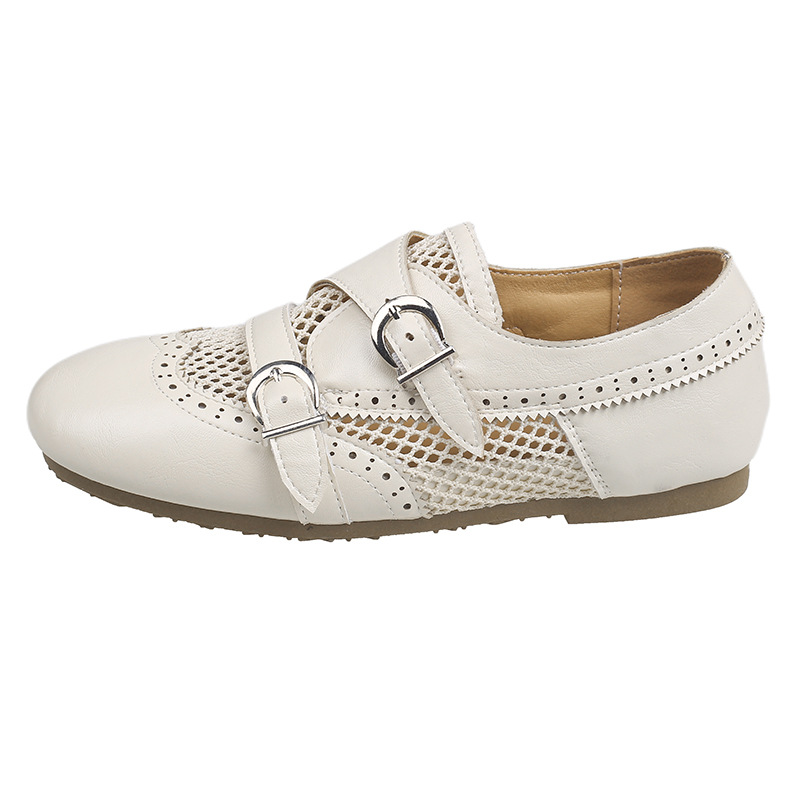 Retro gaza de malla hueca Rocke zapatos de mujer verano 2026 tacones planos hebilla de estilo británico zapatos de cuero suaves zapatos individuales
