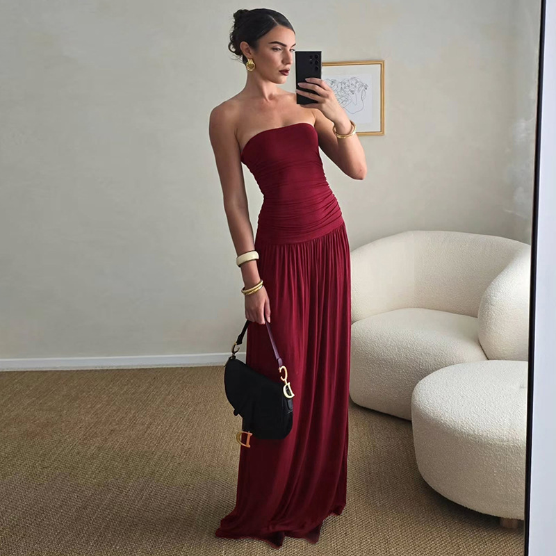 2025 Cross-Border Summer New Style One-Line Collar Tube Top Sleeveless Slim Long Skirt European and American Style Sleeveless Sexy Dress