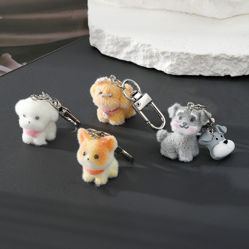 Cross-Border Cute Three-Dimensional Resin Flocked Puppy Keychain Mobile Phone Chain Bag Pendant Student Bag Hanging Jewelry Gift