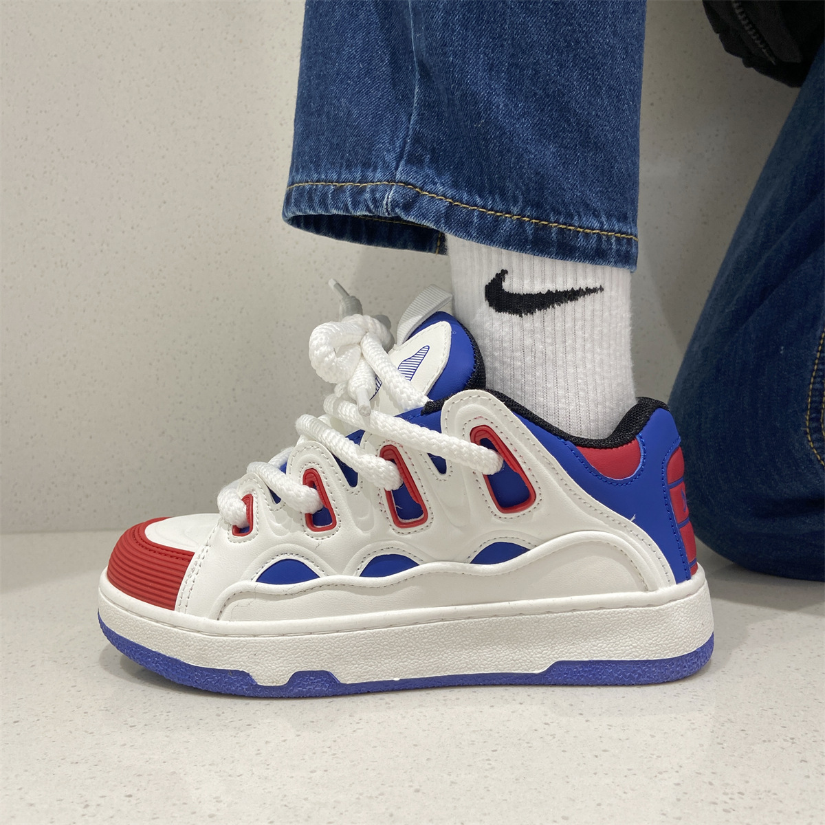 Freizeitschuhe Für Damen Und Herren Mit Dicker Sohle Weiß Blau Rot_voghion.com