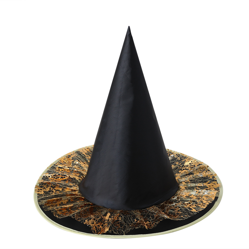 Sombrero de bruja de Halloween, accesorios de disfraces de maquillaje, punta negra, sombrero de bruja de encaje dorado, nuevo sombrero de bruja