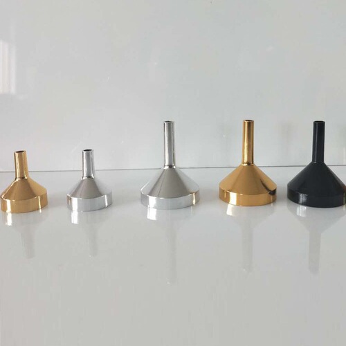 Liquid dispensing artifact, various sizes of plastic funnels, metal aluminum funnels, perfume dispensing tools