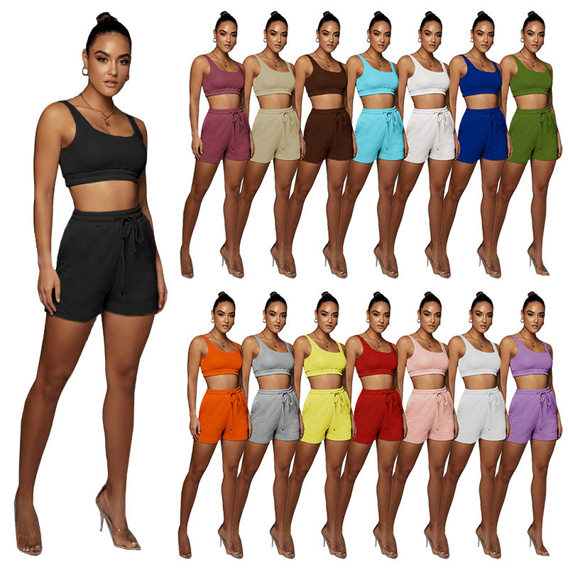 2023 European and American Amazon cross-border summer women's solid color double-layer vest shorts sports navel suit