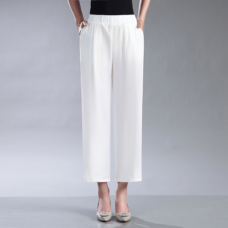 夏季薄款中老年桑蚕丝女裤松紧高腰妈妈真丝长裤子宽松休闲九分裤