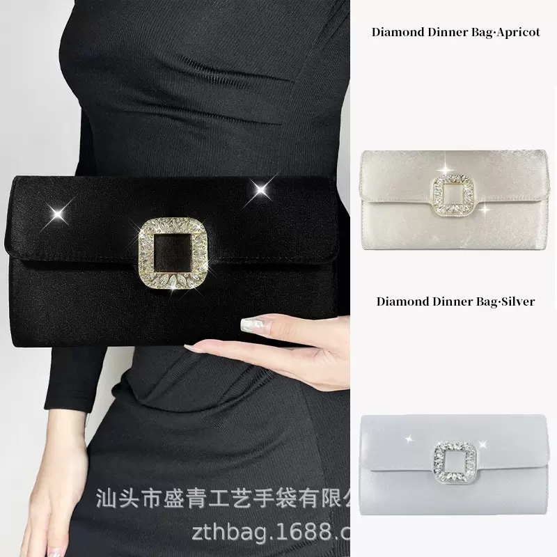 厂家直销合金水钻方扣晚宴包高级感缎面休闲女包新娘婚包跨境专供