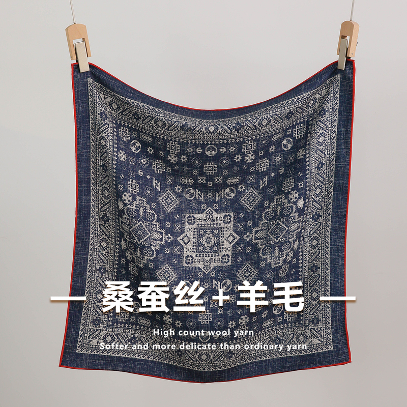 藏青色真丝丝巾女5新秋季冬羊毛小方巾羊绒围巾蓝色薄系脖|undefined