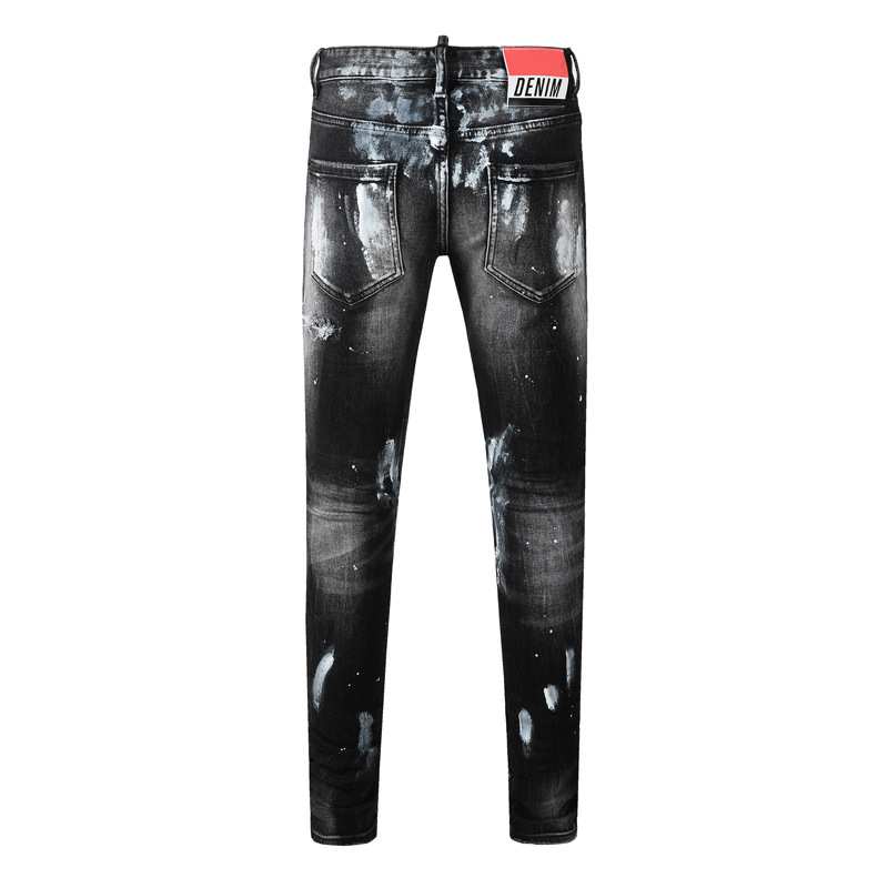 Men's Distressed Slim Fit Jeans Black Grey Washed Denim Pants with Paint Splatter And Knee Rips Streetwear Skinny Trousers_mkmklike.com