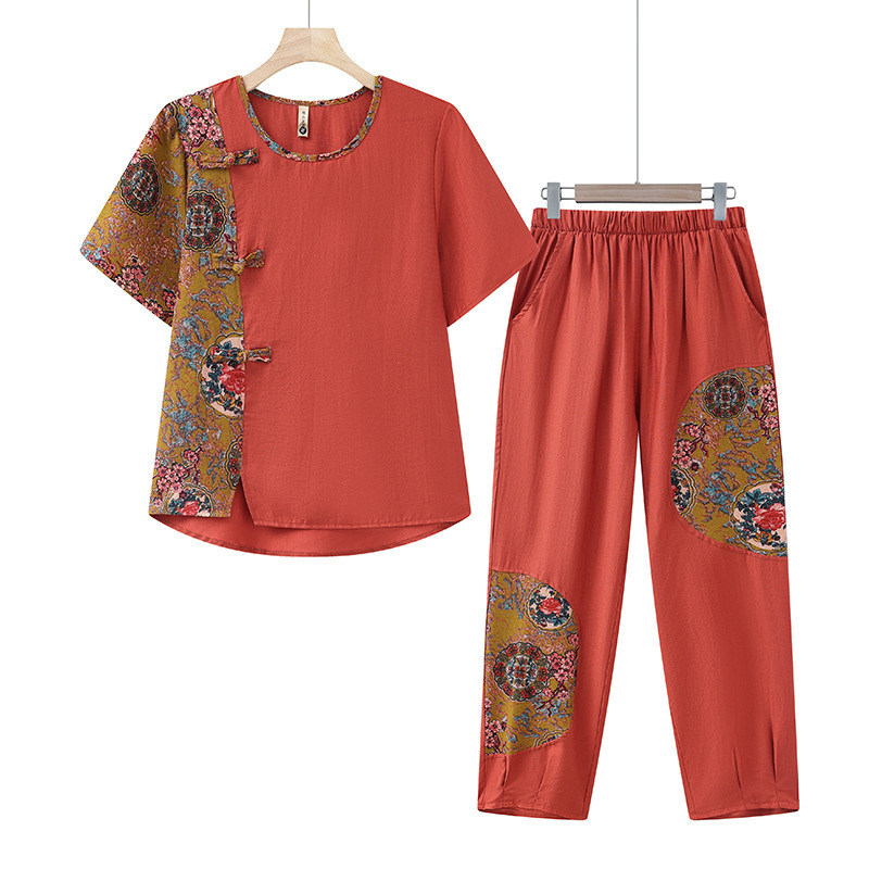 Mother Summer Cotton Linen suit Women's plus size Middle-aged and Elderly Retro Ethnic Style Grandma Short-sleeved T-shirt Two-piece Set Mother Summer Cotton Linen suit Women's plus size Middle-aged and Elderly Retro Ethnic Style Grandma Short-sleeved T-shirt Two-piece Set