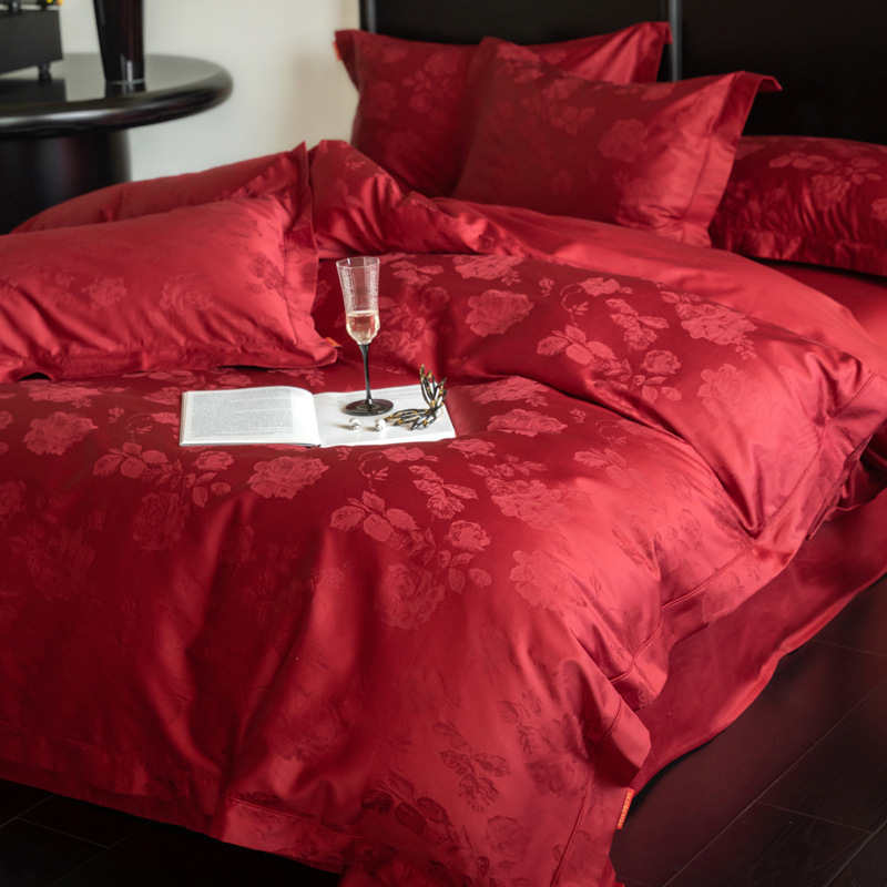 Nuevo estilo chino 100 algodón largo para la boda cuatro piezas de algodón Jacquard boda colcha de cama de algodón rojo