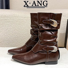 牛皮版棕色堆堆靴子女西部牛仔靴2025秋季新款粗跟骑士靴马丁靴子