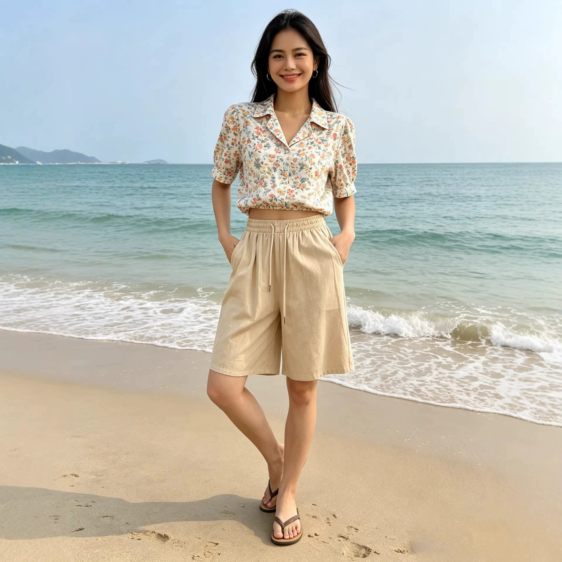 Летние женские шорты из хлопка и льна, свободные повседневные широкие брюки с высокой талией для женщин, льняные брюки, универсальные прямые брюки с пятью точками фабрики.