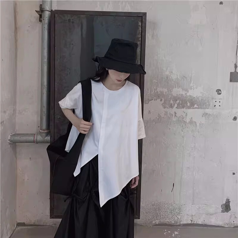 Yamamoto Dark Style Street Fashion Japanese Loose Fit Slimming Asymmetrical Niche Designer Summer Short-Sleeve T-Shirt for Women Yamamoto Dark Style Street Fashion Japanese Loose Fit Slimming Asymmetrical Niche Designer Summer Short-Sleeve T-Shirt for Women