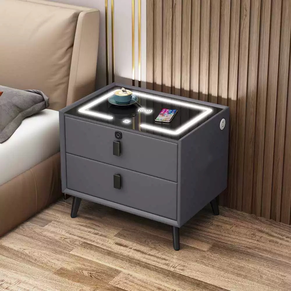 Mesa de cabecera inteligente transfronteriza moderna y simple carga inalámbrica con audio LED multifuncional gabinete de cabecera de dormitorio residencial