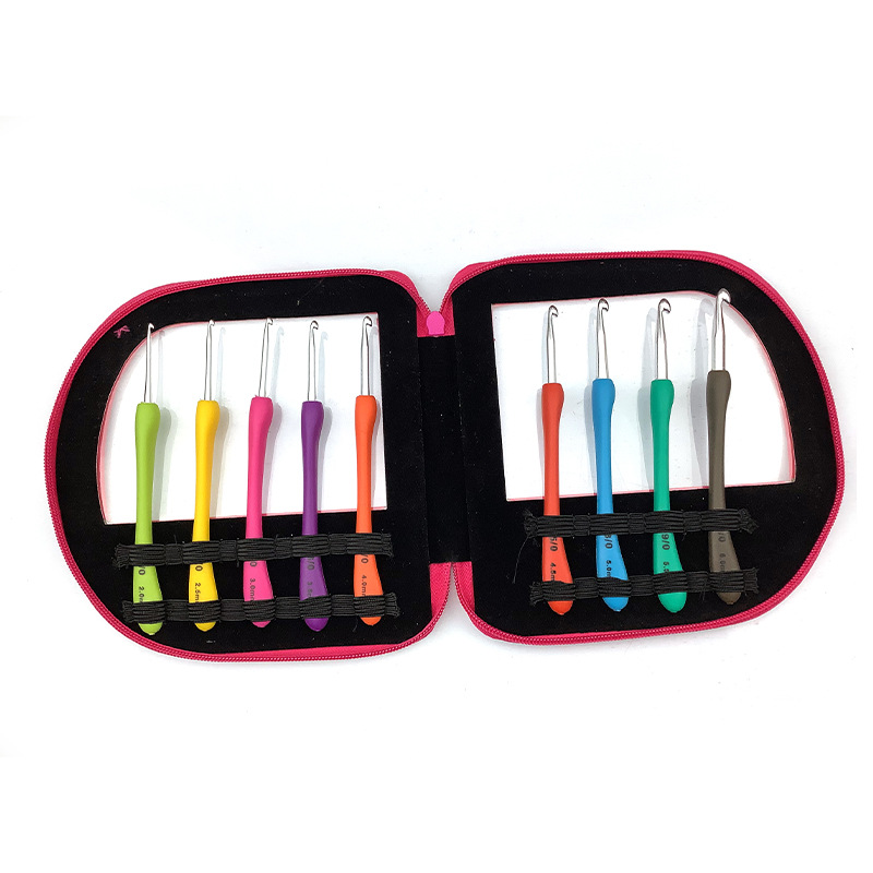 Herramientas de tejer agujas de suéter nuevo plástico mango suave de aluminio crochet conjunto de 9 piezas 2.0-6.0 pu embalaje