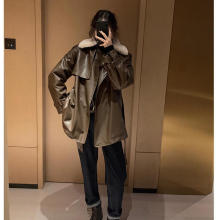 机车皮衣外套女秋冬中长款夹克小个子高级感厚皮毛一体羊羔毛加绒