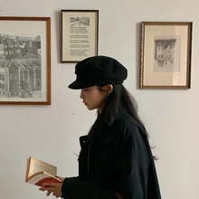 黑色毛呢海军八角帽女英伦复古秋冬帽子平顶画家帽报童鸭舌贝雷帽