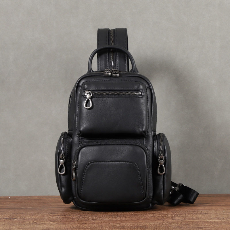 Túi đeo chéo nam da bò lớp đầu kiểu đeo ngực đa năng 22×12×28 cm — Màu đen
