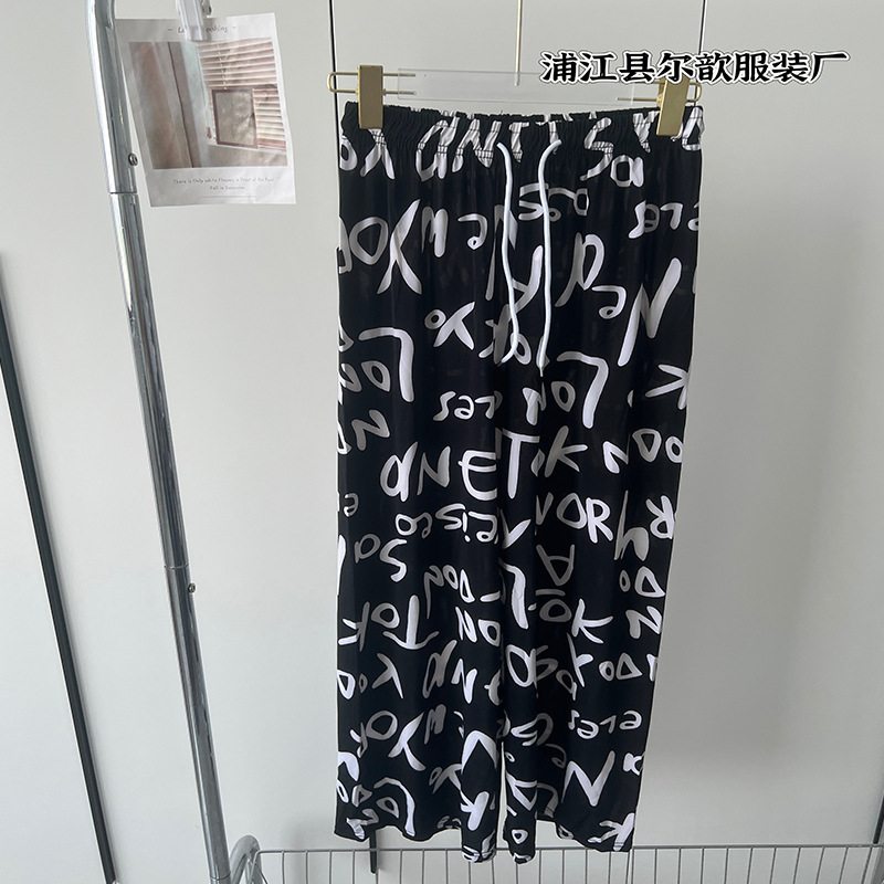 Nueva pintura de tinta china, pantalones anchos de seda de hielo y nieve, pantalones de pierna ancha delgados de verano para niños, cintura alta, pantalones de pierna recta casuales delgados