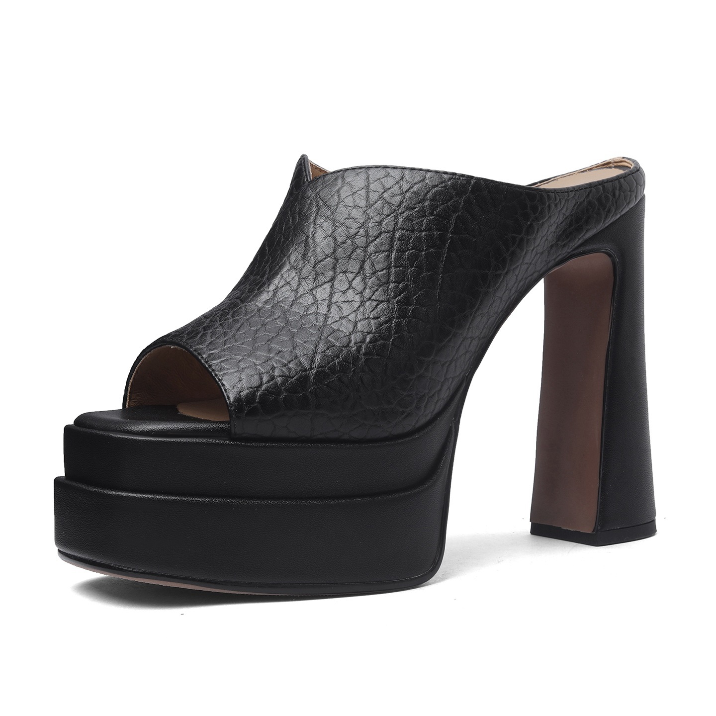 Sandal cao gót nữ mũi hở da bò gót thô đế dày 13 cm — đen