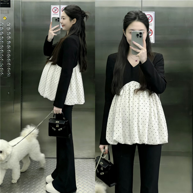 Spring and Autumn Maternity Wear Stylish Maternity Tops That Cover the Belly, Loose Polka Dot Two-Piece Long-Sleeve Tops and Pants for Pregnant Moms