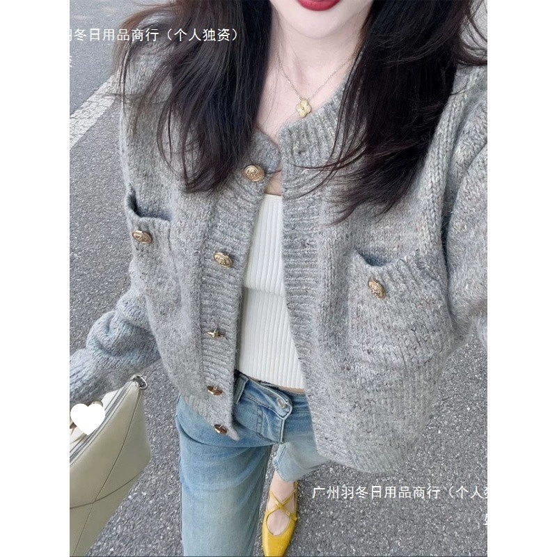 Серый короткий вязаный кардиган в стиле Chanel для женщин, осень 2024, новый свитер, миниатюрная куртка, универсальная толстая
