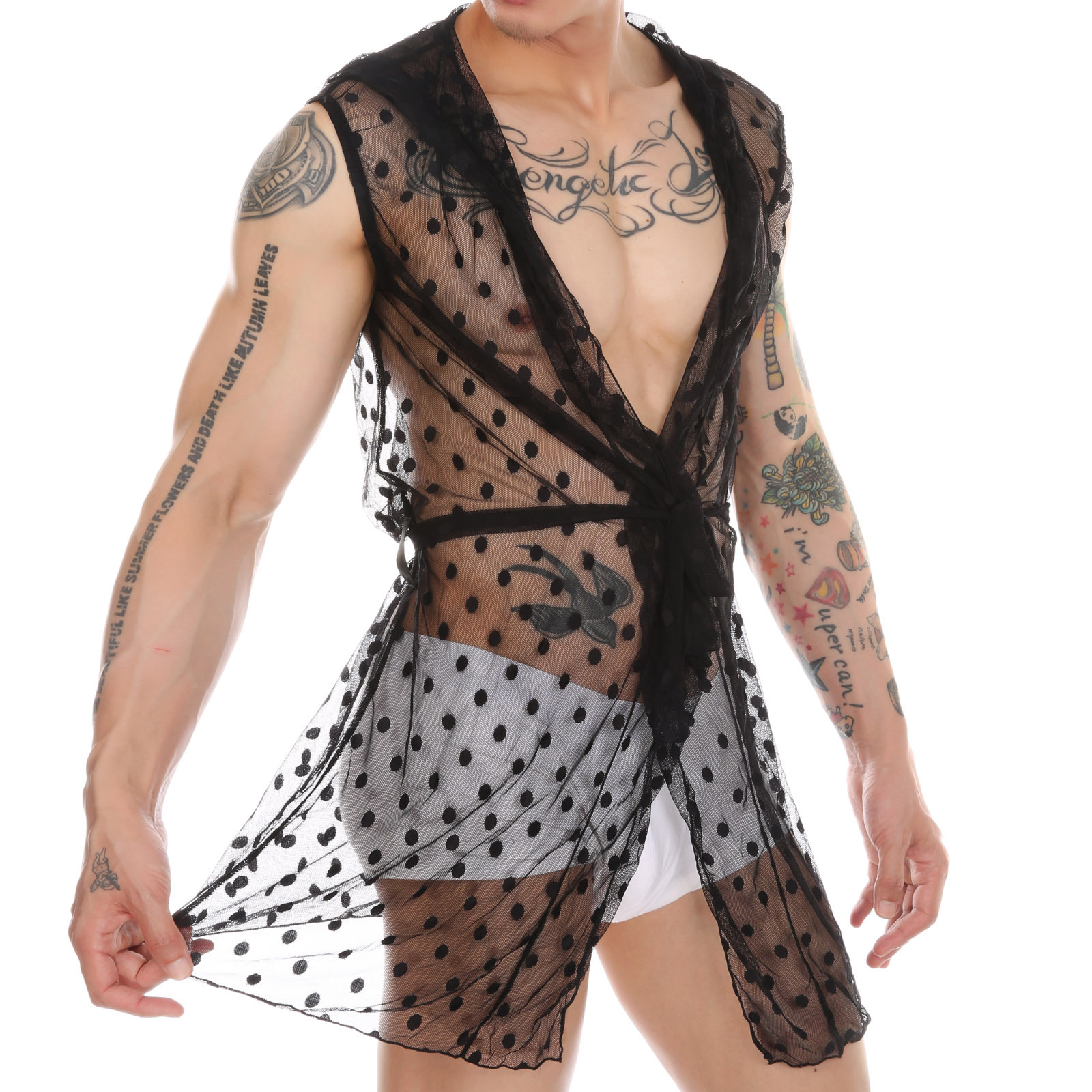 CLEVER-MENMODE男士圓點蕾絲性感無袖浴袍睡袍連帽透視家居服歐碼