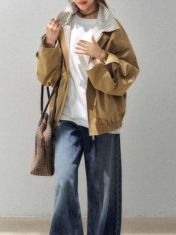 拼接条纹翻领卡其色外套女2025新款美式慵懒chic夹克|undefined