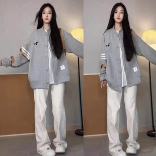 Academy Style Three Bar Casual Loose Cardigan Jacket Women's Spring and Autumn Thin Design Sense Couple's Jacket Loose Top