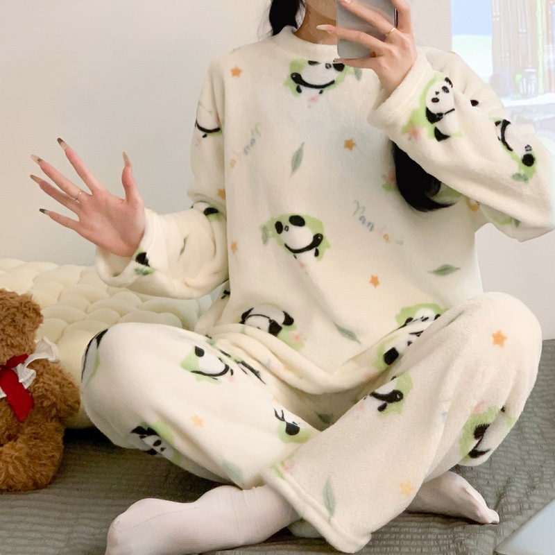Ins Style Fleece-Lined Thickeneded Coral Velvet Winter Pajamas for Women in Autumn and Winter Cute Student Home Clothes Set That Can Be Worn Outside