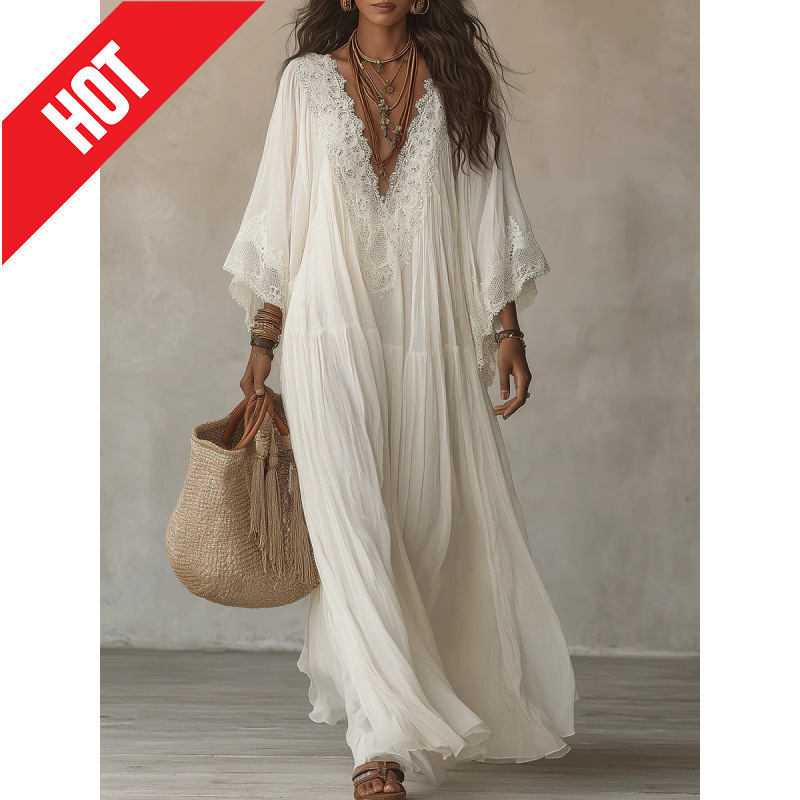 White Lace Long Dress with Batwing Sleeves, Holiday Beach Dress with Fairy-Like Ruffles, Flowing and Elegant for a Relaxed Seaside Look