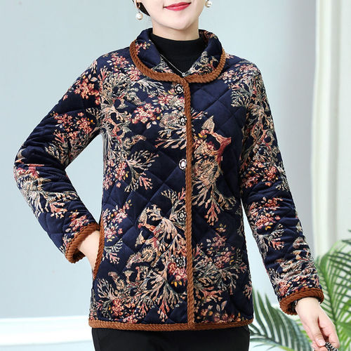 Mid-to-Old-Age Mother's Cotton Padded Coat for Autumn and Winter Fashion Plus Size with Fleece and Thick Padding, Floral Collar Cotton Jacket Outerwear for Wholesale