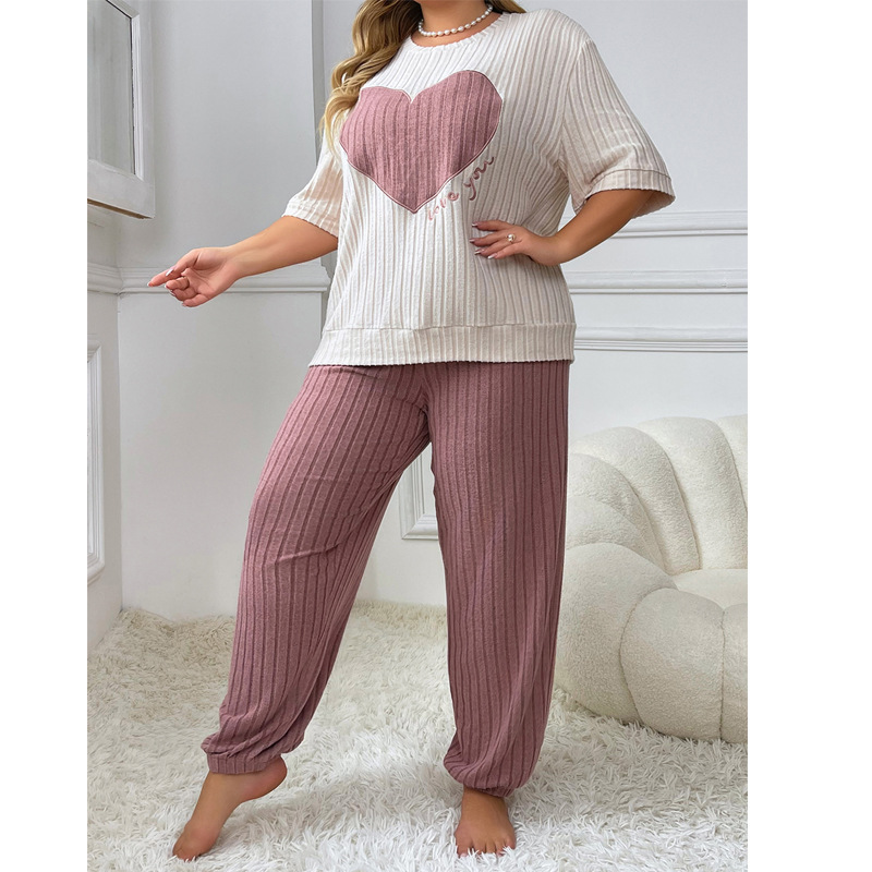 ChicShe European And American Style Round Neck Short Sleeve Long Pants Pajama Set For Women, Autumn New High-end Loose Heart_ecoleips.com
