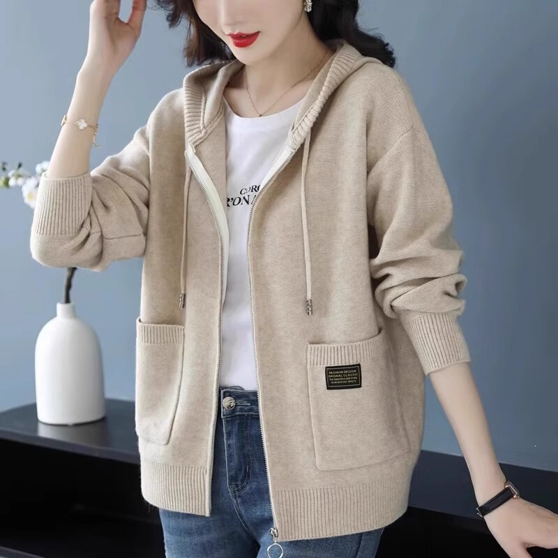 Women's Loose Zipper Knit Cardigan with Hood, 2025 Spring Women's Fashion Hooded Sweatshirt, Trendy Spring and Autumn Outerwear