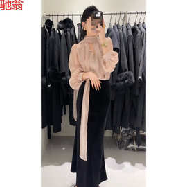 T8Y春秋新款气质时尚高级感设计款泡泡袖雪纺系带衬衣